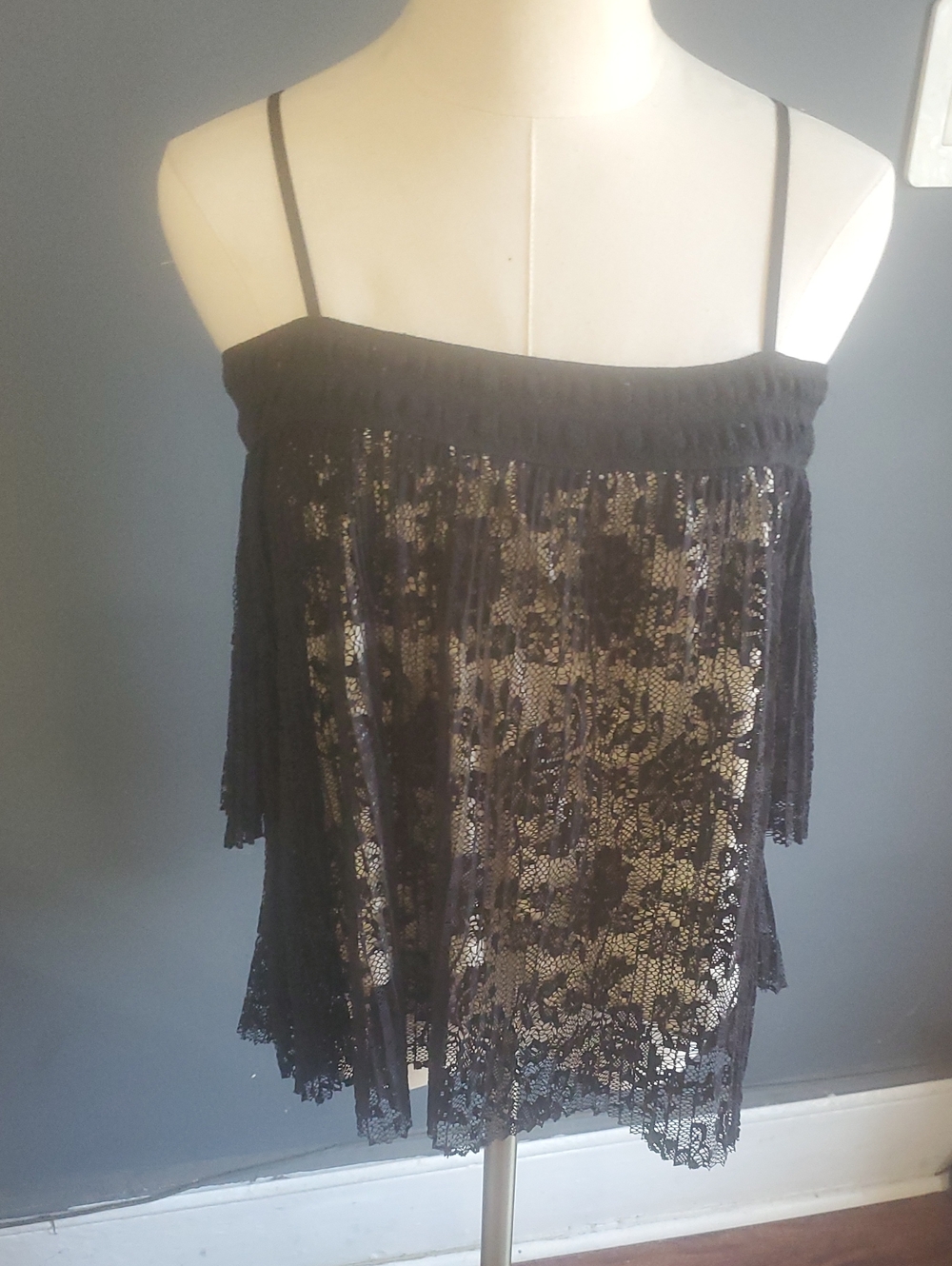 IT Girl Black Lace Overlay Top  with Sheer Floral Panels Size L